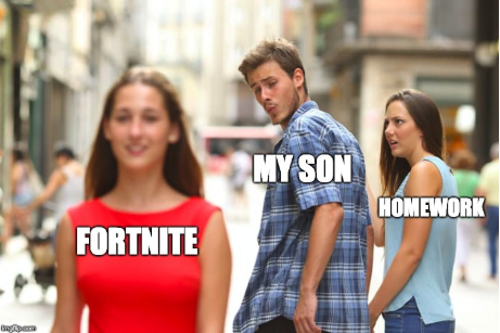 distracted boyfriend meme making fun of kids that should be doing homework instead of playing Fortnite