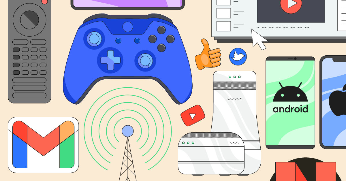 Parental control guide illustrated by a blue Nintendo controller, Android phones, a Switch, the YouTube logo, and more