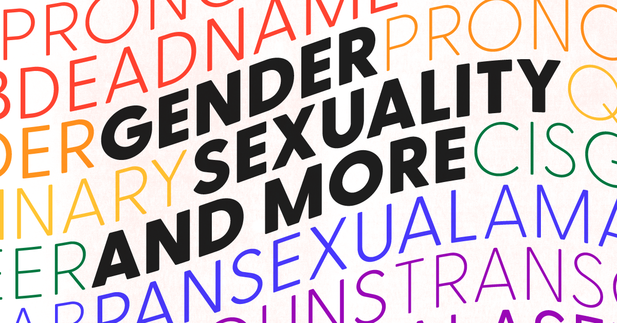 What is pansexual, a rainbow flag made out of words stating gender, sexuality, and more.