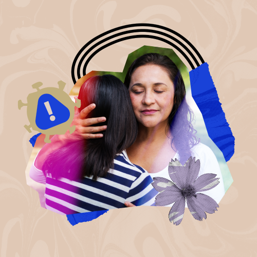 A parent and child embracing with a flower and arch around them