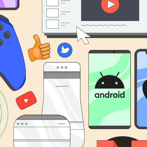 Parental control guide illustrated by a blue Nintendo controller, Android phones, a Switch, the YouTube logo, and more
