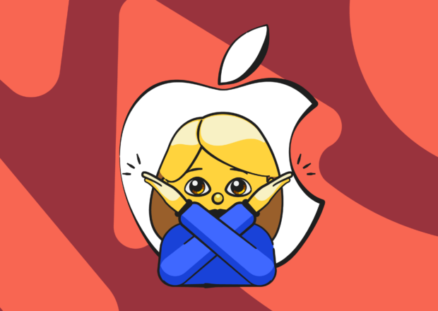 Emoji of woman with arms crossed over Apple logo — How to block a website on iPhone
