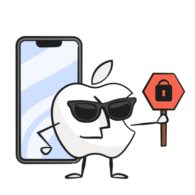 Animated Apple mascot holding a lock sign