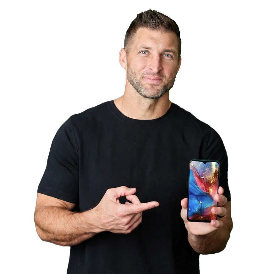 Tim Tebow holding the Bark Phone, a safe phone for kids