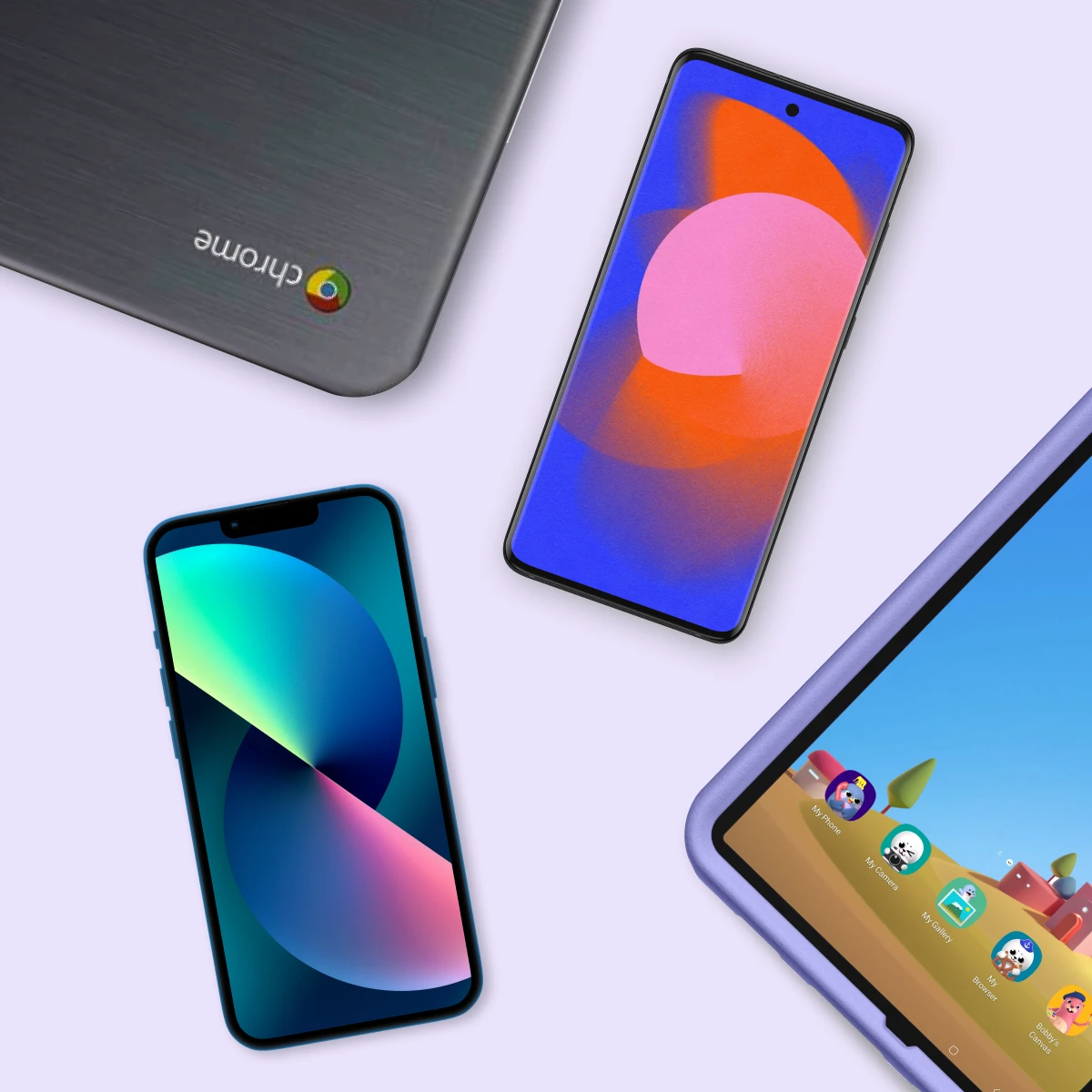 Chromebook, Android phone, and Amazon Fire tablet — all compatible with Bark