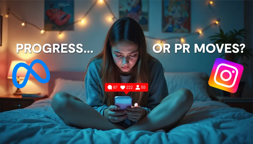Teen girl on her bed at night looking at her phone, with Meta and Instagram logos and the headline progress or PR moves