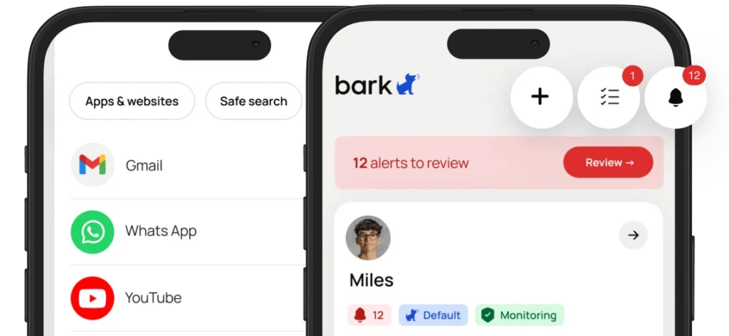 Two phone screens showing the Bark app dashboard with 12 alerts to review and a list of monitored apps