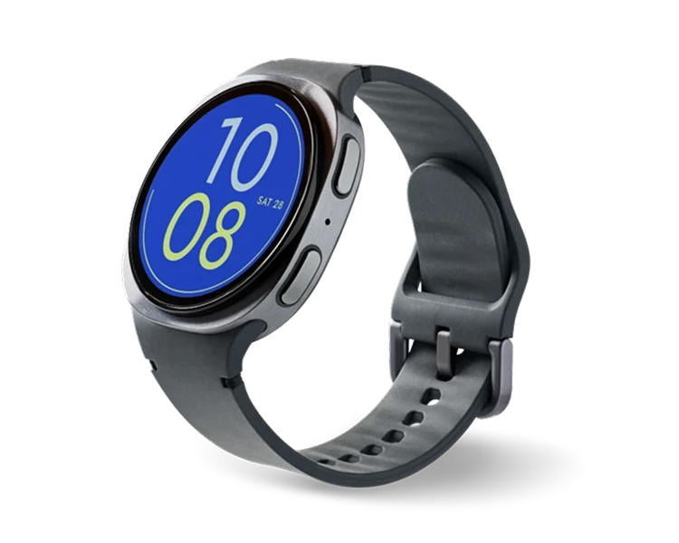 Bark Watch shown at an angle with its grey silicone band