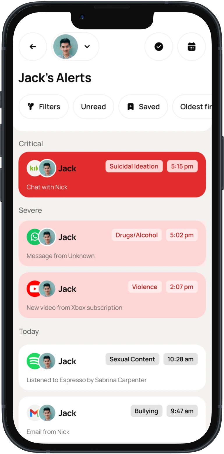 Bark parent app Family Alerts screen showing monitoring alerts