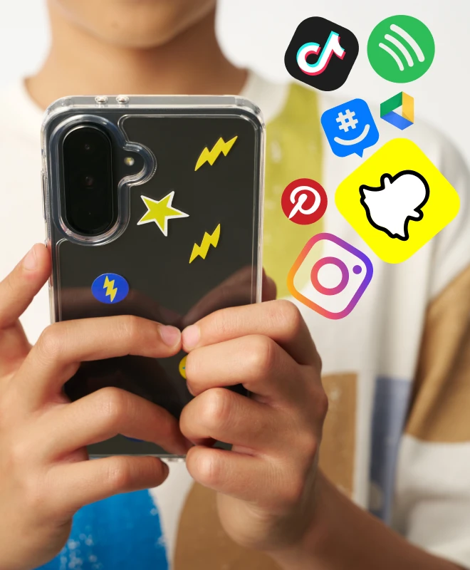 A boy using a phone surrounded by the social media apps Bark monitors
