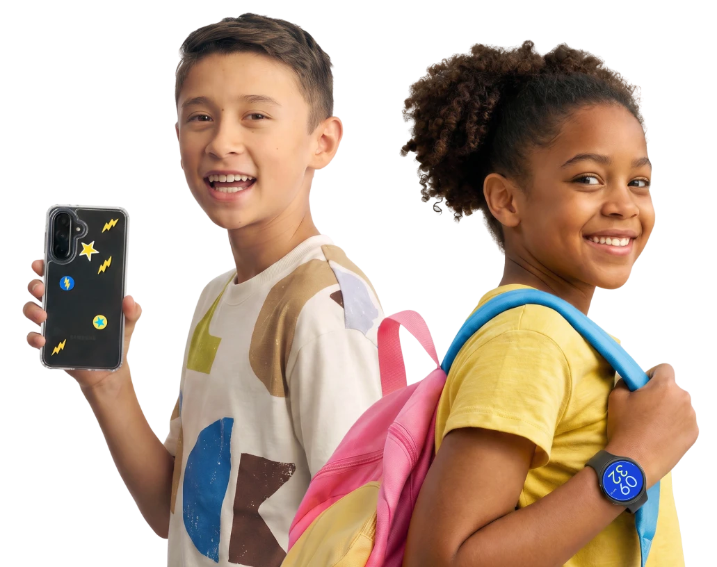 Two kids — one holding a Bark Phone, one wearing the Bark Watch